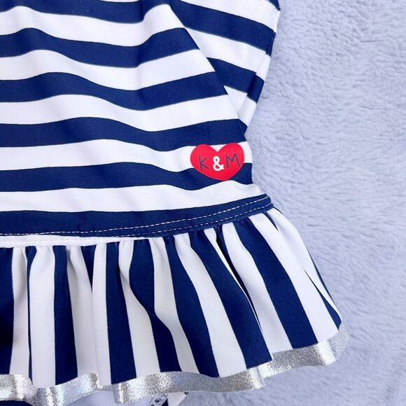 Kiko & Max Striped Ruffled One Piece Swimsuit Blue White Silver Baby Girl 12M - Picture 3 of 7